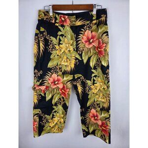 VTG Tommy Bahama Floral Capri Pants Size 10 Stretch Cotton Tropical Print Black